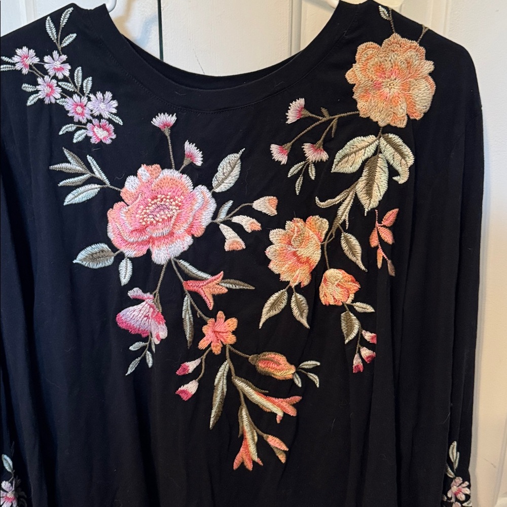 Johnny Was Black Top with Pink Floral Embroidery - Picture 2 of 5